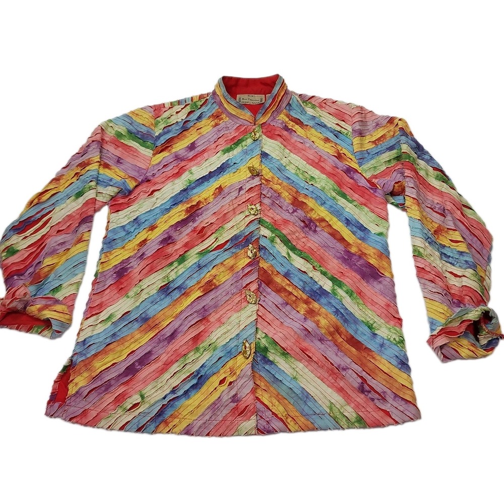 New Direction Women M Cotton Art to Wear Rainbow Stripe Wood Button Jacket